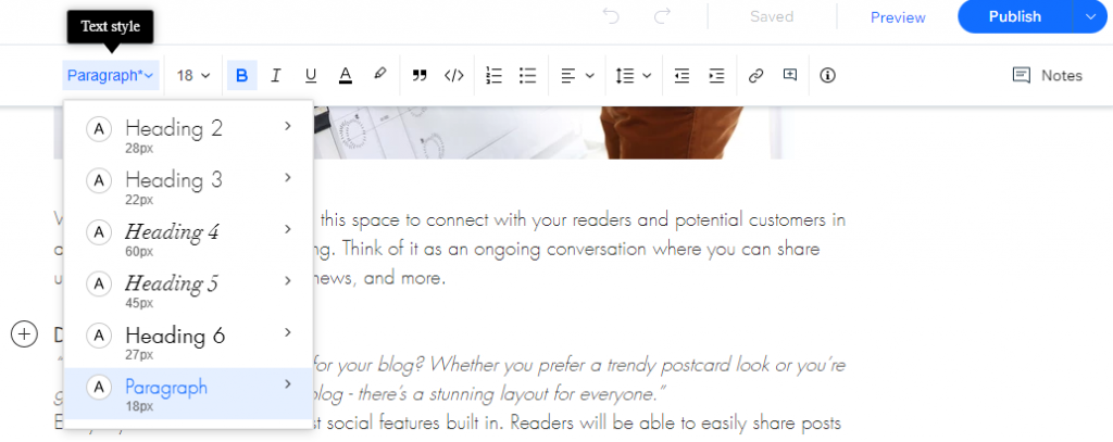 editor de postagem do blog wix